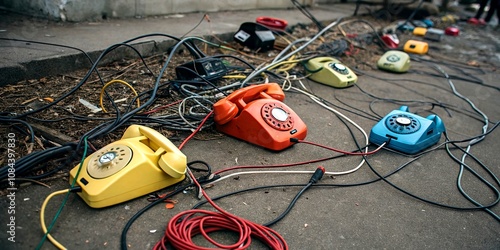 Aerial View of Colorful Retro Rotary Telephones Entangled in Wires and Cables, Capturing Nostalgic Vibes and Unique Patterns in a Vibrant Composition photo