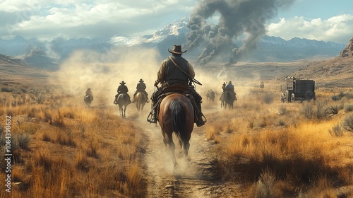 Open on a dusty trail in the Old West. A line of wagons train moves slowly kicking up clouds of dirt. In the lead wagon, two cowboys sit atop their horses, looking up ahead at a rugged,