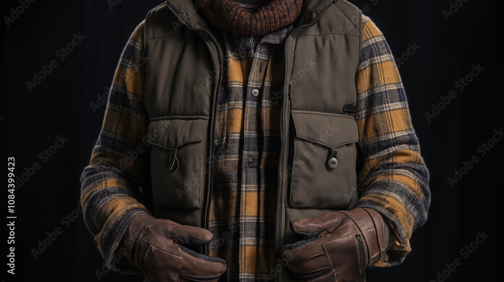 A rugged flannel shirt in earthy tones, worn under a sleek, insulated vest, accessorized with leather gloves and a wool cap. A rugged flannel shirt in earthy tones, worn under a sleek, insulated vest, accessorized with leather gloves and a wool cap.