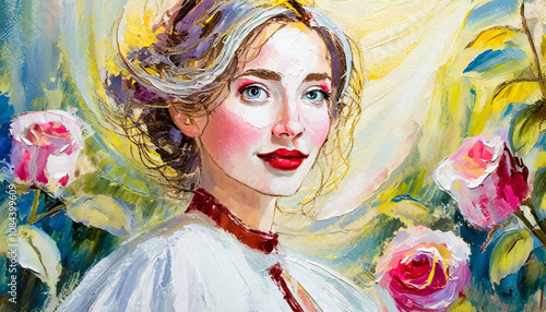 Impressionist Painting Of AWoman With Roses - Generative AI photo