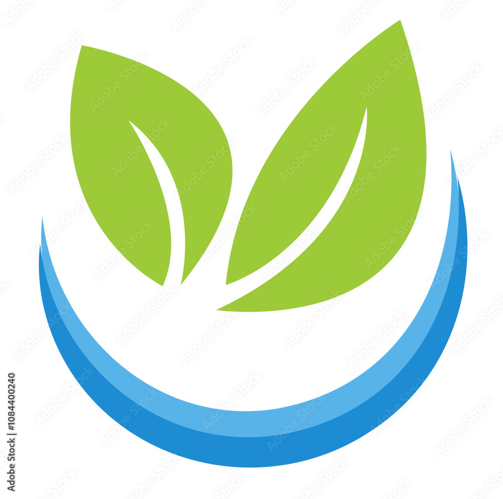 two green leaves above a blue curved line, forming an abstract logo. The background is white. The concept represents eco-friendliness, hydroponic gardening, and sustainability. Vector illustration two green leaves above a blue curved line, forming an abstract logo. The background is white. The concept represents eco-friendliness, hydroponic gardening, and sustainability. Vector illustration