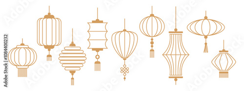 Traditional Chinese lanterns in different shapes. Chinese New Year icons, symbols and decoration. Classic Asian lantern. Flat linear minimalist geometric vector illustration