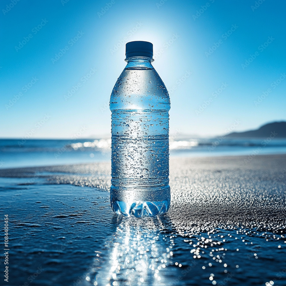 Sparkling water bottle with bubbles against blurred background in daylight Sparkling water bottle with bubbles against blurred background in daylight