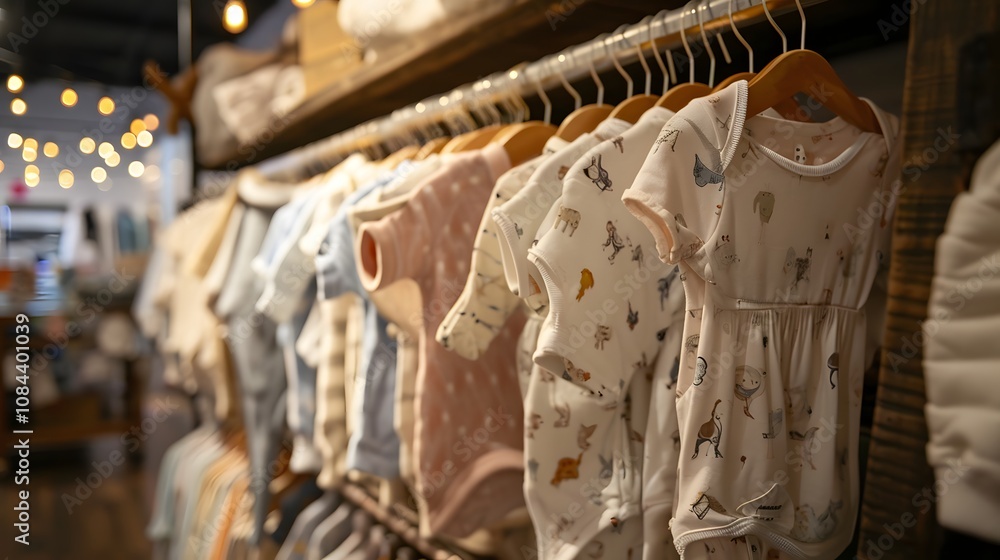 Stylish Baby Onesies Showcased in a Chic Boutique Setting Stylish Baby Onesies Showcased in a Chic Boutique Setting