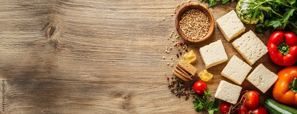 Fresh vegetables including tomatoes, peppers, and greens are neatly arranged with spices and tofu on a wooden table Fresh vegetables including tomatoes, peppers, and greens are neatly arranged with spices and tofu on a wooden table