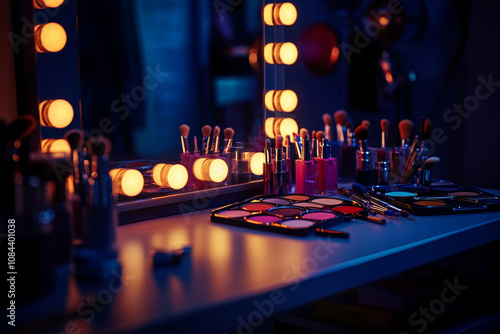 Makeup room in neon light. Make-up table