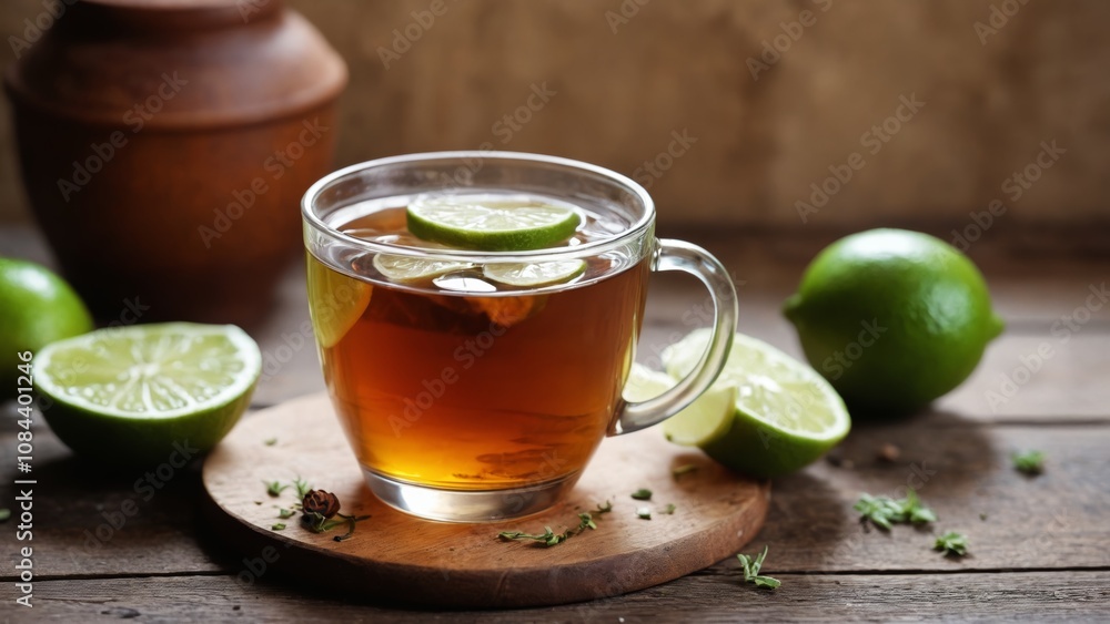 Refreshing herbal tea with lime slices on a rustic wooden table setting in a cozy atmosphere Refreshing herbal tea with lime slices on a rustic wooden table setting in a cozy atmosphere