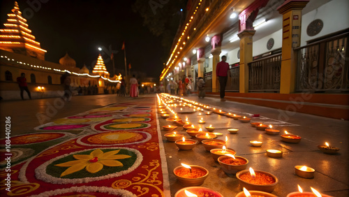 Candle light on Indian festival Diwali, Diya oil lamps lit on colorful rangoli.