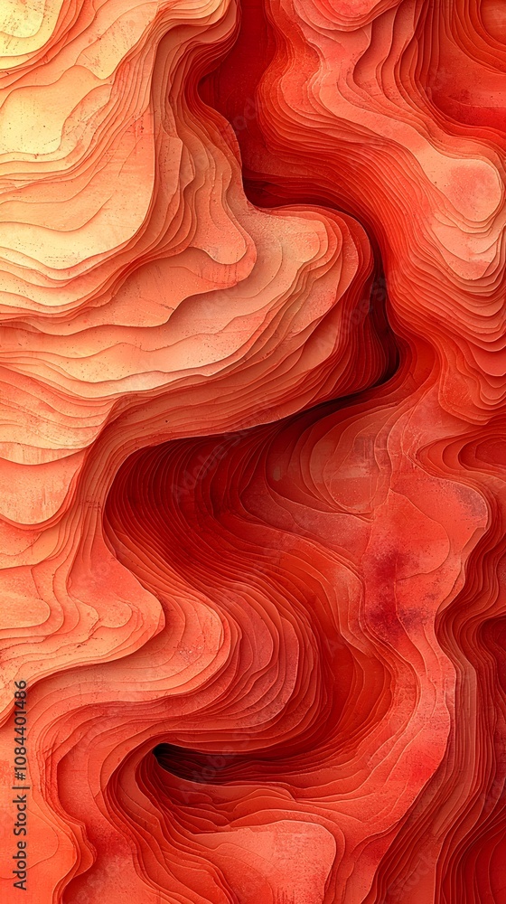 An abstract representation of flowing red and orange layers, reminiscent of natural formations. The smooth, wavy lines create a sense of depth and movement. An abstract representation of flowing red and orange layers, reminiscent of natural formations. The smooth, wavy lines create a sense of depth and movement.