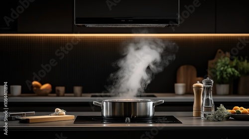 Wallpaper Mural Modern kitchen interior with a steaming pot on induction stove and wooden utensils on countertop, with pepper mill and spices, dark cabinets and warm lighting in background. Torontodigital.ca