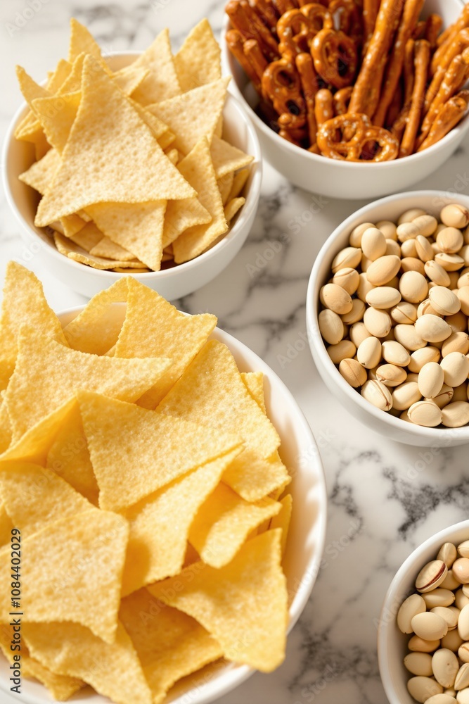 Assorted Snack Bowls on Marble Background Featuring Tortilla Chips, Pretzels, and Peanuts Assorted Snack Bowls on Marble Background Featuring Tortilla Chips, Pretzels, and Peanuts