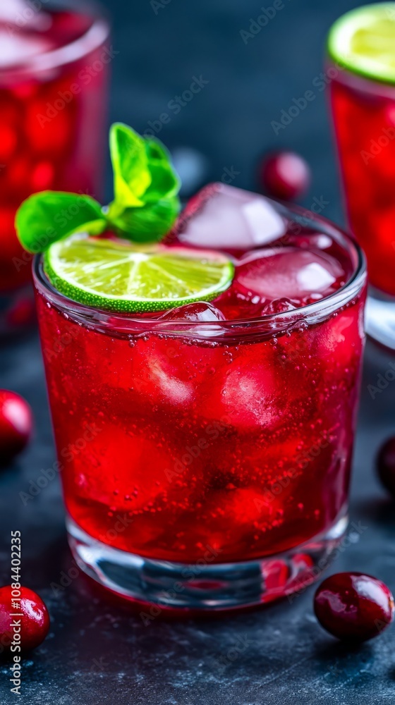 Refreshing cranberry drink with lime and mint served over ice in a glass Refreshing cranberry drink with lime and mint served over ice in a glass