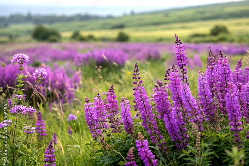 Obraz premium Beautiful Purple Flowers Background for Landscape Photography, Perfect for Creating Repeatable Seamless Patterns in Nature-Inspired Designs and Projects