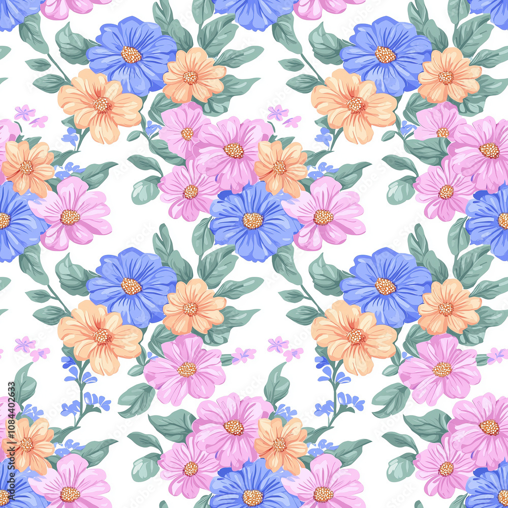 Vibrant Floral Pattern Featuring Beautiful Blue, Pink, and Orange Flowers with Green Leaves on a Light Background for Use in Textiles, Wallpapers, and Crafts Vibrant Floral Pattern Featuring Beautiful Blue, Pink, and Orange Flowers with Green Leaves on a Light Background for Use in Textiles, Wallpapers, and Crafts