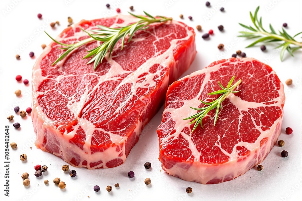Raw Marbled Beef Steak with Fresh Rosemary and Peppercorns on White Background Raw Marbled Beef Steak with Fresh Rosemary and Peppercorns on White Background