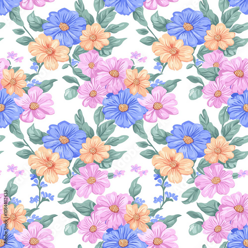 Wallpaper Mural Vibrant Floral Pattern Featuring Beautiful Blue, Pink, and Orange Flowers with Green Leaves on a Light Background for Use in Textiles, Wallpapers, and Crafts Torontodigital.ca