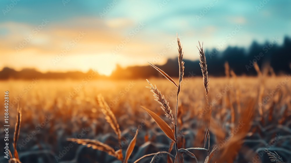 Fototapeta premium Close-up of wheat field at sunset with golden sunlight illuminating the ripe grains and blurred background of trees and sky.