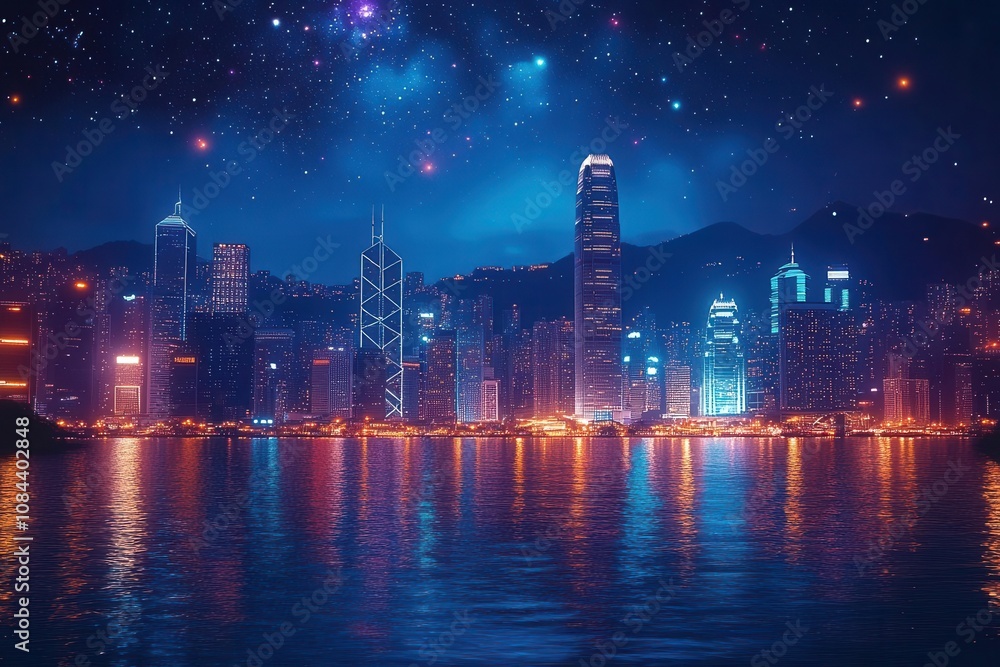 Fototapeta premium nighttime view of a modern city skyline filled with illuminated high-rise buildings. the vibrant lights reflect a bustling urban atmosphere under a starlit sky, showcasing contemporary architecture