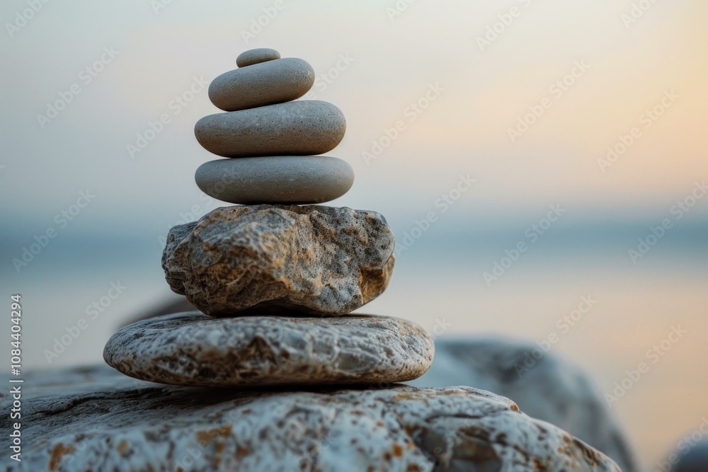 Stack of white balancing stones is on top of rocks near body of water during sunset Stack of white balancing stones is on top of rocks near body of water during sunset