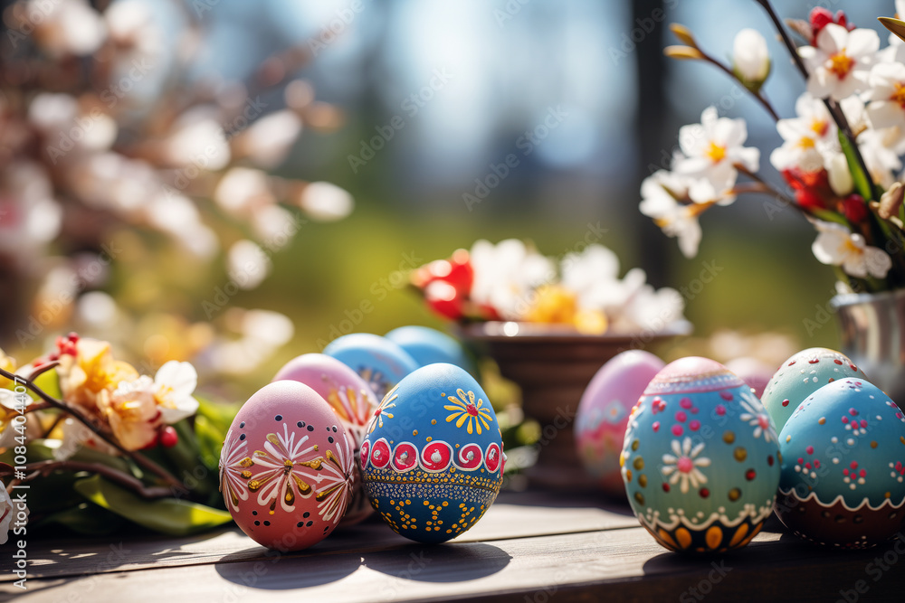 Close-up of decorated Easter eggs on wooden table, fresh spring flowers around Close-up of decorated Easter eggs on wooden table, fresh spring flowers around