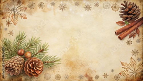 Vintage Christmas background with fir branches, pinecones, and cinnamon – template for holiday cards and winter decor