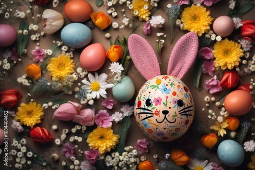 Easter egg with rabbit ears and a tiny mustache, surrounded by confetti and flowers