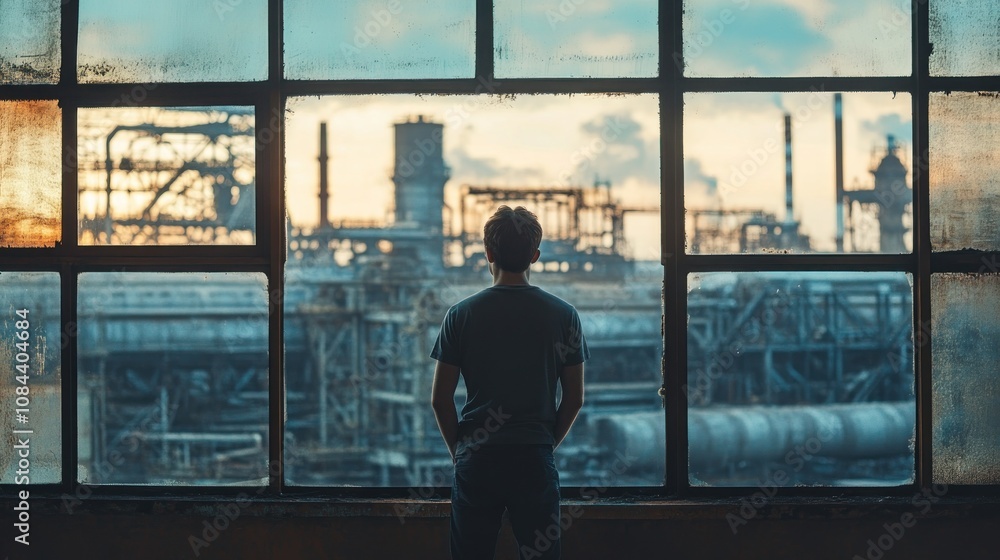 Man Looking at Industrial Landscape Man Looking at Industrial Landscape