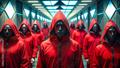 Group of people in red costume with mask in the street during carnival. Guard from Squid Game. Squid Game is a South Korean survival drama television series
