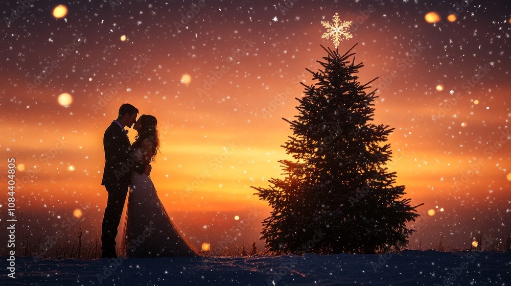 Silhouetted bride and groom share a tender kiss under a snowy sunset, with a Christmas tree as a backdrop. Love, winter, romance, Christmas, marriage. Silhouetted bride and groom share a tender kiss under a snowy sunset, with a Christmas tree as a backdrop. Love, winter, romance, Christmas, marriage.