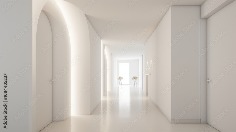 Fototapeta premium A sleek corridor with open doors creates an infinite visual effect, inviting curiosity and exploration in its minimalist design.