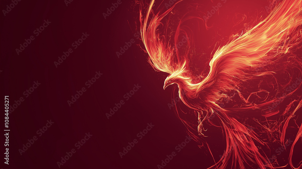 Naklejka premium A stylized phoenix rising with flowing flames and sharp edges, set against a solid dark red background.