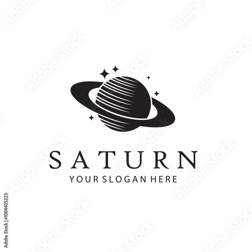monochrome design of planet saturn with stars isolated on white background