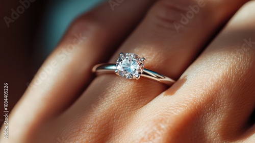 A close-up view of an elegant diamond engagement ring captures its brilliance while resting on a person's hand, highlighting timeless beauty and commitment. photo