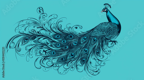 A stylized peacock with flowing feathers in an ornate design, set against a solid turquoise background.