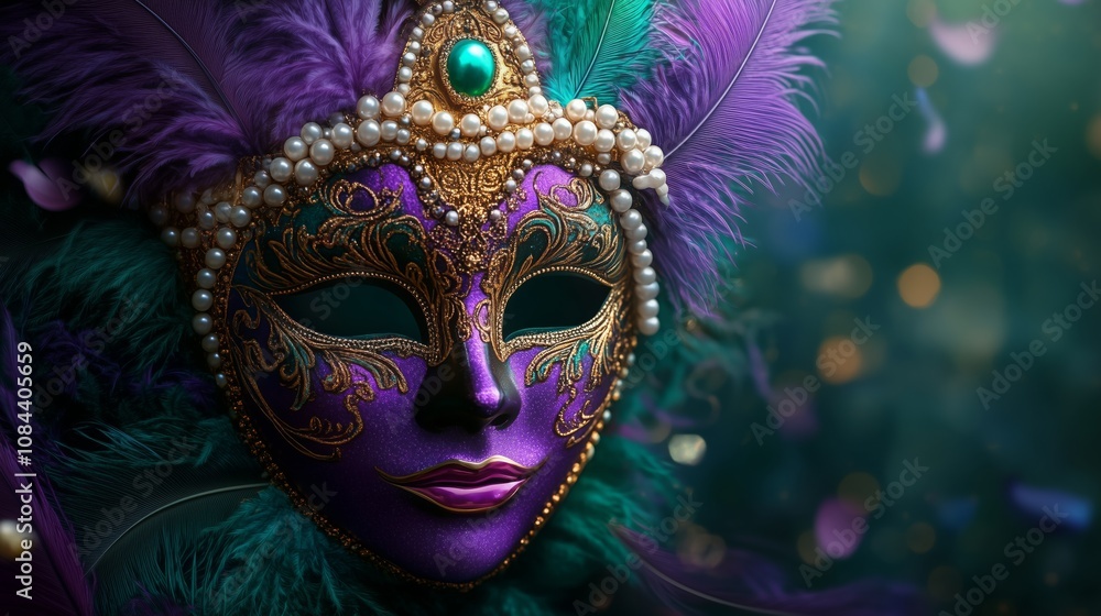 A vibrant mask showcases elaborate decorations A vibrant mask showcases elaborate decorations