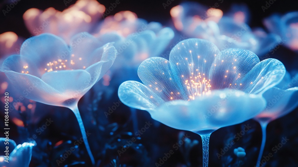Obraz premium Abstract glowing blue flowers with orange dots on a dark background.