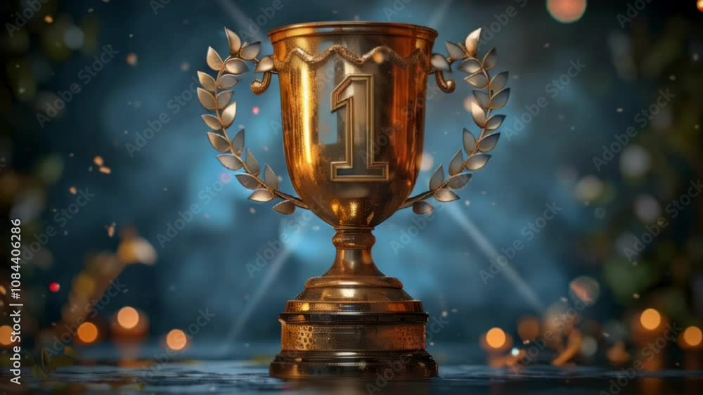 Golden Trophy with Laurel Wreath on Reflective Surface – Symbol of Victory and Excellence in Elegant Lighting Golden Trophy with Laurel Wreath on Reflective Surface – Symbol of Victory and Excellence in Elegant Lighting