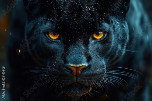 panther in a dramatic front view, shrouded in shadows against a dark background, exuding strength and elegance, immortalized in striking digital art photo