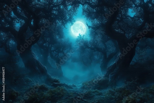 panoramic view of an eerie dark forest shrouded in mist at night, with crooked trees reaching out like fingers, illuminated by a glowing moon in a hauntingly magical fairy-tale setting photo