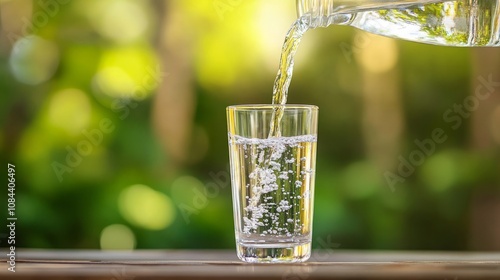 pouring drinking water in to clear glass on wooden table in garden backgroundpouring drinking water in to clear glass on wooden table in garden background photo