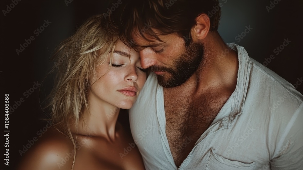 A passionate couple sharing an intimate embrace in soft lighting, eyes closed as they express a deep connection and tenderness, captured in a stylish moment. A passionate couple sharing an intimate embrace in soft lighting, eyes closed as they express a deep connection and tenderness, captured in a stylish moment.