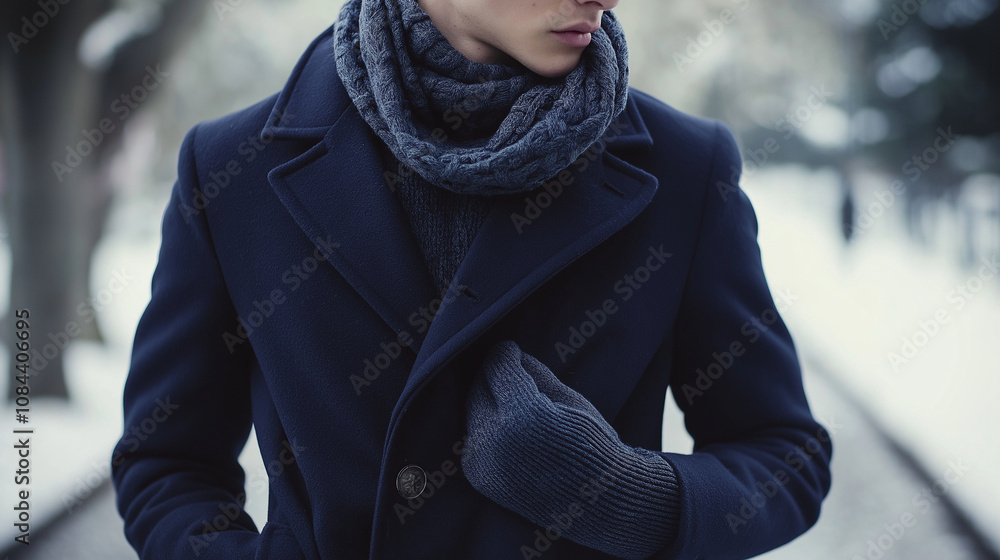 A timeless navy peacoat layered over a chunky cable-knit sweater, paired with a woolen scarf and classic gloves, ideal for a refined winter outfit. A timeless navy peacoat layered over a chunky cable-knit sweater, paired with a woolen scarf and classic gloves, ideal for a refined winter outfit.