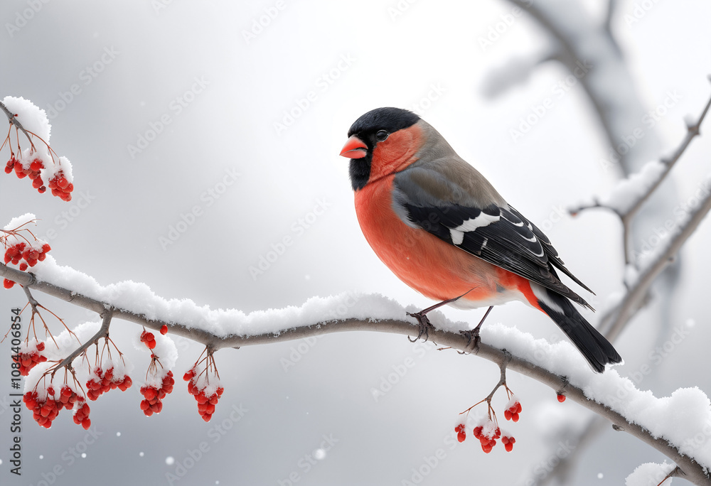 Redbilled bullfinch perched on snowy branch with red berries Redbilled bullfinch perched on snowy branch with red berries