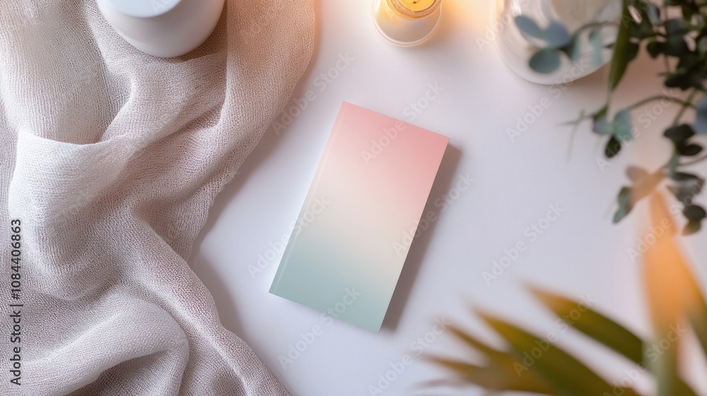 Obraz premium Gradient journal with candles and plants on cozy fabric surface