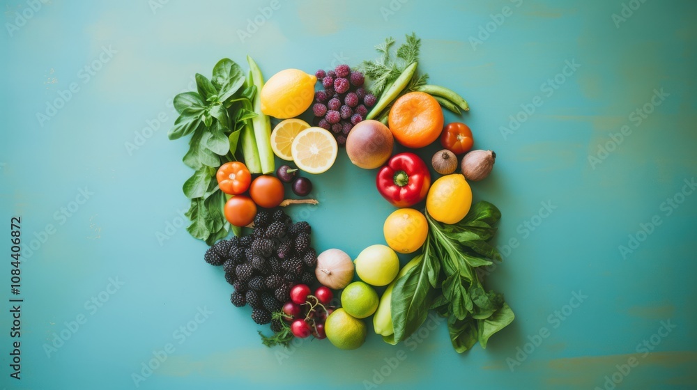 A harmonious circle of fresh fruits and vegetables arranged on a teal surface, showcasing nature's bounty. A harmonious circle of fresh fruits and vegetables arranged on a teal surface, showcasing nature's bounty.