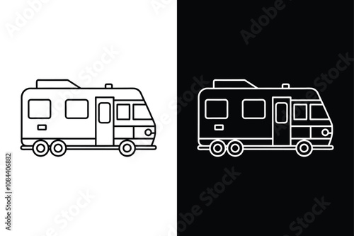 RV Camper and RV Black isolated vector icon illustration on white background. Retro rv camper car illustration logo vector.