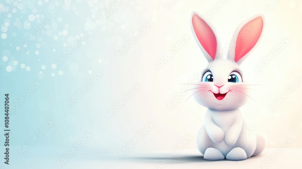 Fototapeta premium Happy white cartoon bunny with big ears and bright eyes sitting