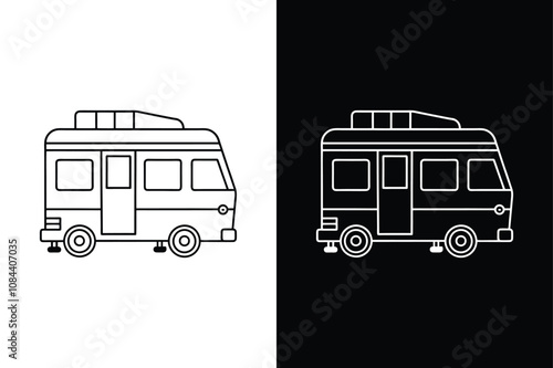 RV Camper and RV Black isolated vector icon illustration on white background. Retro rv camper car illustration logo vector.