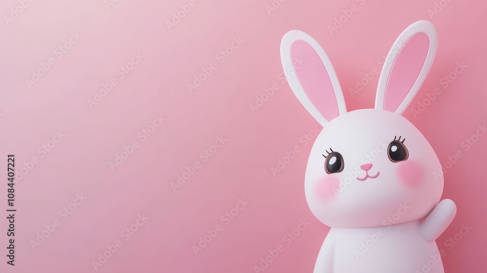 Obraz premium Cute, white cartoon bunny waving with pink background