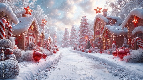 Snowy Wonderland: A whimsical winter village is bathed in the warm glow of twinkling lights and festive decorations, evoking a magical and enchanting Christmas spirit.